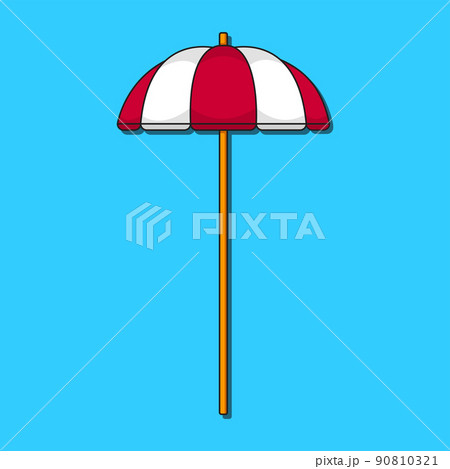Cartoon illustration of a red and white beach umbrella, on a blue background. Cartoon illustration of a red and white beach umbrella, on a blue background. 90810321