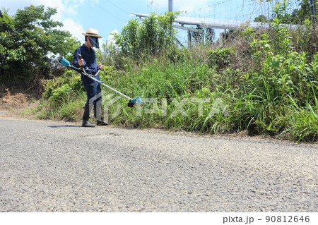 道路沿いの除草作業 草刈りをする若い男性 道路沿いの除草作業 草刈りをする若い男性 90812646