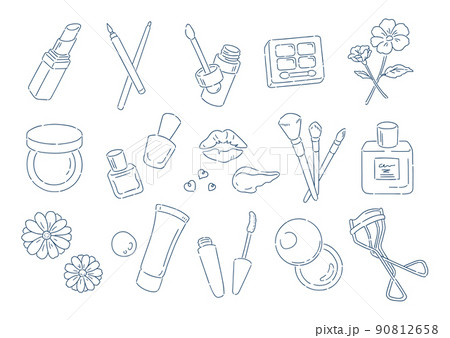 化粧道具一式のイラスト素材. 美容, メイクアップをテーマにした挿絵セット. シンプルな線画. 90812658