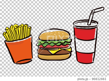 ハンバーガーとドリンクとポテトのセットの手描きイラスト/白背景 90812881