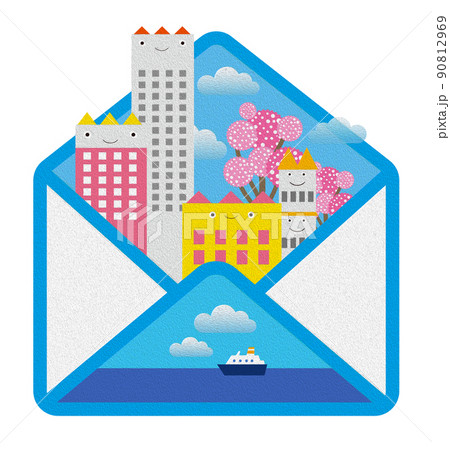 油彩風のエンボス。レターと思い出。楽しい街並みと暮らしの風景。人々が明るく暮らせる建物と街づくり。 90812969