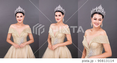 Half Body young adult Asian Woman, Miss Beauty Pageant Contest wear Diamond Crown Evening Gown Half Body young adult Asian Woman, Miss Beauty Pageant Contest wear Diamond Crown Evening Gown 90813114
