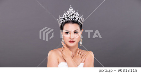 Half Body young adult Asian Woman, Miss Beauty Pageant Contest wear Diamond Crown Evening Gown Half Body young adult Asian Woman, Miss Beauty Pageant Contest wear Diamond Crown Evening Gown 90813118