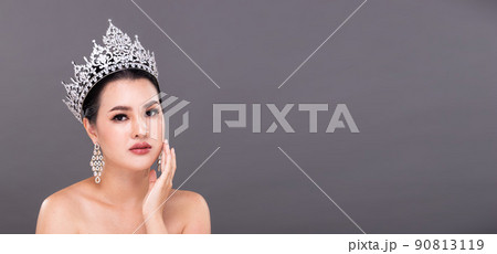 Half Body young adult Asian Woman,  Miss Beauty Pageant Contest wear Diamond Crown Evening Gown 90813119