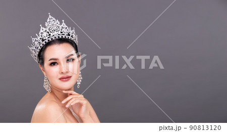Half Body young adult Asian Woman, Miss Beauty Pageant Contest wear Diamond Crown Evening Gown Half Body young adult Asian Woman, Miss Beauty Pageant Contest wear Diamond Crown Evening Gown 90813120