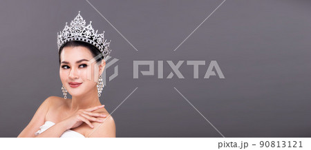 Half Body young adult Asian Woman, Miss Beauty Pageant Contest wear Diamond Crown Evening Gown Half Body young adult Asian Woman, Miss Beauty Pageant Contest wear Diamond Crown Evening Gown 90813121
