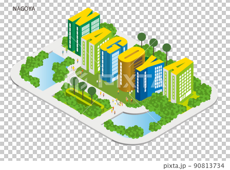 用字母表製作的城市名稱。有趣的城市景觀和生活風景。人們可以明亮地生活的建築和城市規劃。 α 90813734