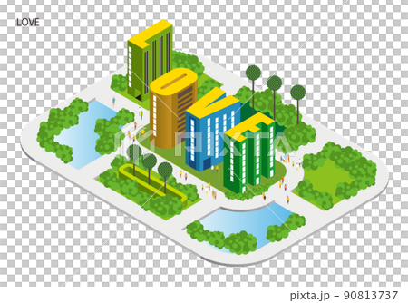 用字母表製作的城市名稱。有趣的城市景觀和生活風景。人們可以明亮地生活的建築和城市規劃。 α 90813737