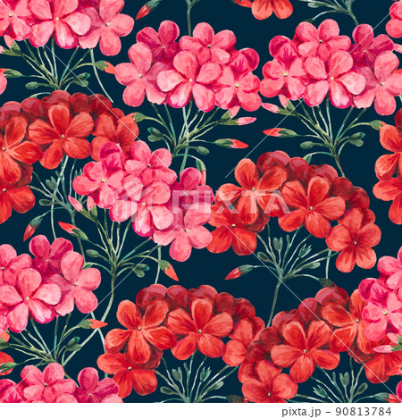 Watercolor seamless pattern of geranium flowers and leaves. Botanical illustration, colorful background for design and decor. 90813784