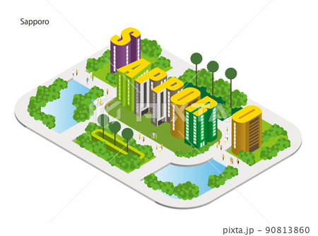 アルファベットで作る都市名。楽しい街並みと暮らしの風景。人々が明るく暮らせる建物と街づくり。 アルファベットで作る都市名。楽しい街並みと暮らしの風景。人々が明るく暮らせる建物と街づくり。 90813860
