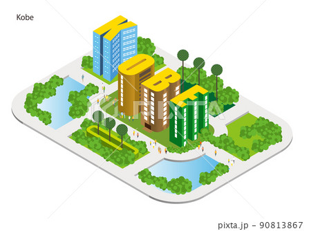 アルファベットで作る都市名。楽しい街並みと暮らしの風景。人々が明るく暮らせる建物と街づくり。 90813867