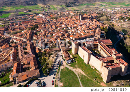 Drone view of ancient castle above residential areas in Siguenza 90814019