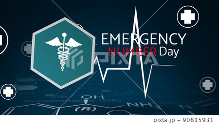 Vector image of emergency number day text with pulse trace and medical signs 90815931