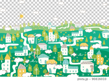 A cute and fun cityscape with clouds where people live 90816010