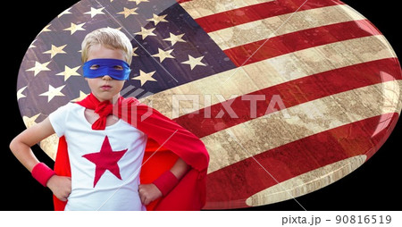 Caucasian boy in superhero costume against american flag design over a badge with copy space Caucasian boy in superhero costume against american flag design over a badge with copy space 90816519