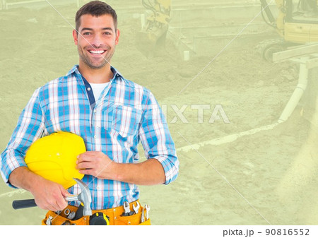Composite image of male construction worker against blurred background with copy space Composite image of male construction worker against blurred background with copy space 90816552