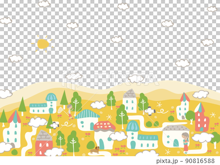 A cute and fun cityscape with clouds where people live 90816588