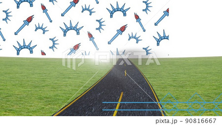 Composite image of torch and crown icons over pathway through grass field with copy space 90816667