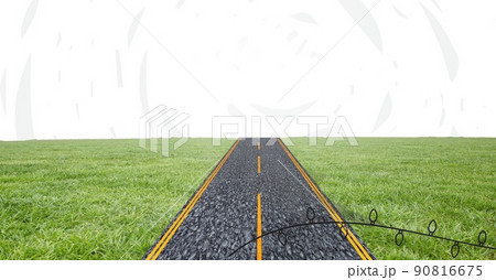 Composite image of pathway through grass field against copy space on white background 90816675