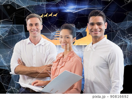 Diverse male and female office colleagues against network of connections on blue background 90816692
