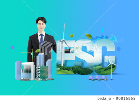 esg poster with asian man who guide wind turbines 90816968