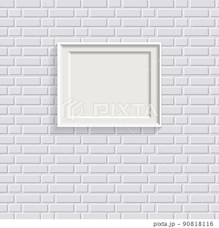 White realistic picture frame on white painted brick wall seamless pattern vector background. Modern photo frame and text to your design projects. Layered vector EPS 10 available. 90818116