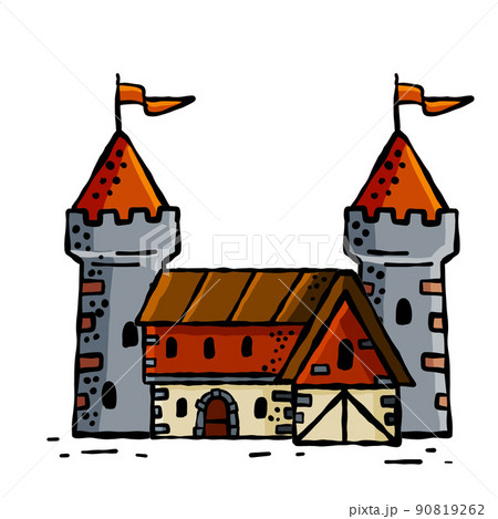 Medieval castle. Stone knight or royal fortress with tower. Military old fort. Sketch outline cartoon town Medieval castle. Stone knight or royal fortress with tower. Military old fort. Sketch outline cartoon town 90819262