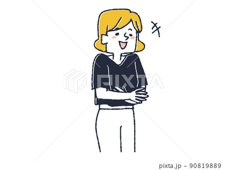 面白そうに笑う女性　コミカルな手書きの人物　ベクター、線画にカラー 90819889