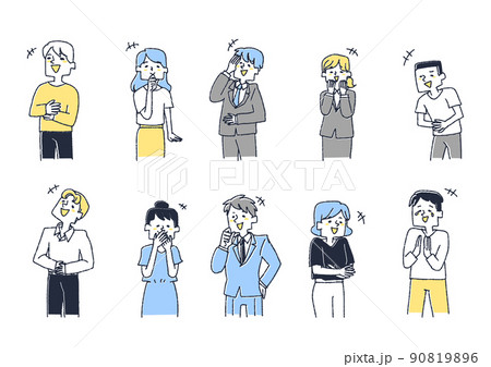 いろいろな種類の笑う人物のイラストセット コミカルな手書きの人物 ベクター 線画にカラーのイラスト素材