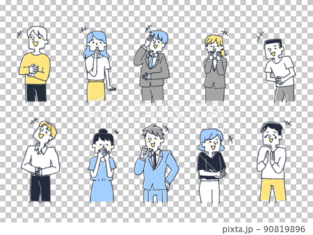 いろいろな種類の笑う人物のイラストセット コミカルな手書きの人物 ベクター、線画にカラー いろいろな種類の笑う人物のイラストセット コミカルな手書きの人物 ベクター、線画にカラー 90819896