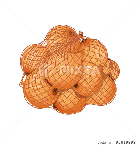Onion. Onion in a mesh bag. Onion heads in the bag. Organic farm vegetables. Vector illustration isolated on a white background 90819898