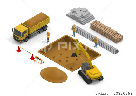 工事現場で働く人々 たくさんの資材 建設現場と重機ショベルカー 建築工事 のイラスト素材