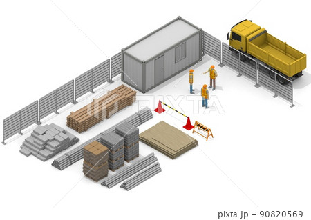 工事現場で働く人々。たくさんの資材。建設現場と重機ショベルカー。建築工事。のイラスト素材 [90820569] - PIXTA