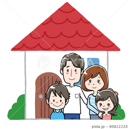 家の前に立つ仲良し4人家族のイラストのイラスト素材 [90822220] - PIXTA
