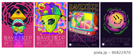 Psychedelic rave trip party banner template, set 90822970