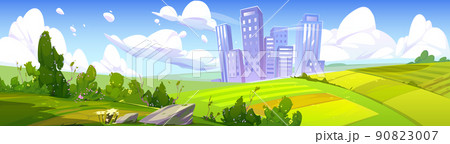 Summer landscape with fields and city buildings Summer landscape with fields and city buildings 90823007