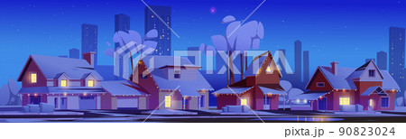 Suburban houses with snow and christmas decoration Suburban houses with snow and christmas decoration 90823024