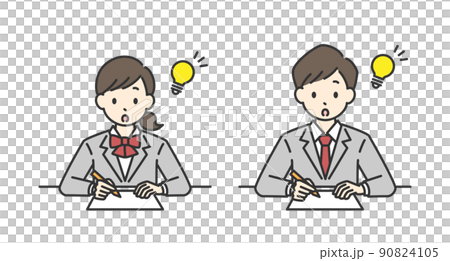 勉強している男子学生と女子学生のひらめきポーズのイラスト 90824105