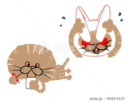 ウサギの被り物で顔を隠すトラ猫 メモするトラ猫のイラスト素材