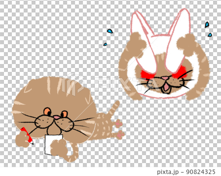 ウサギの被り物で顔を隠すトラ猫/メモするトラ猫 ウサギの被り物で顔を隠すトラ猫/メモするトラ猫 90824325