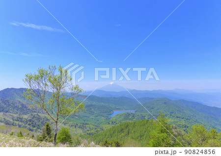大菩薩嶺・雷岩付近から富士山を望む。眼下に大菩薩湖 大菩薩嶺・雷岩付近から富士山を望む。眼下に大菩薩湖 90824856