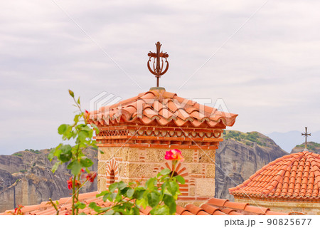 Meteora monastery courtyard, Greece. Mountains, flowers and beautiful views 90825677