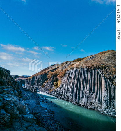 Fjadrargljufur basaltic canyon, river and viewpoint panorama Fjadrargljufur basaltic canyon, river and viewpoint panorama 90825913