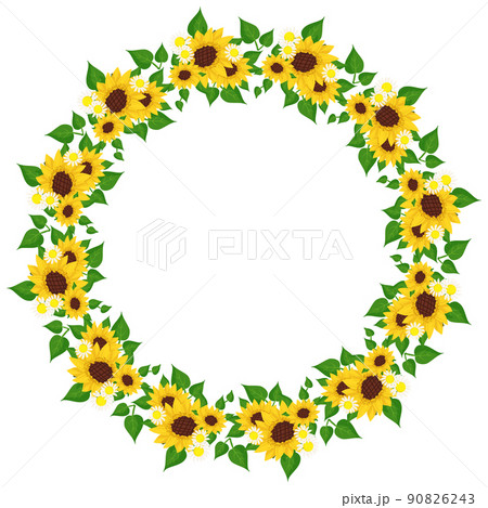 Sunflower and chamomile wreath with green leaves. Round frame, cute bright sun and daisy flowers. Festive decorations for wedding, holiday, postcard, poster and design. Vector flat illustration 90826243