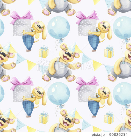 Watercolor pattern with characters. Hand drawn background for party, holiday for kids, festival 90826254