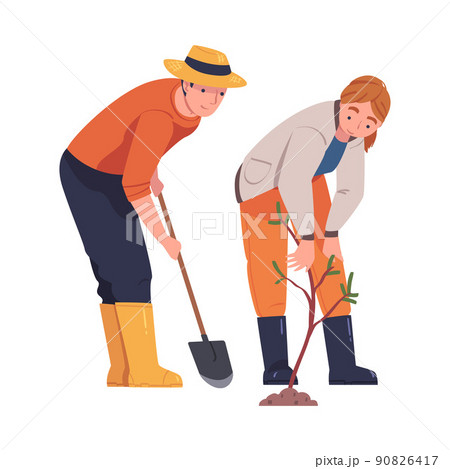 Man and Woman Character Planting Tree Sapling in Soil Taking Care of Planet and Nature Vector Illustration 90826417