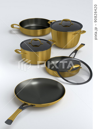 Set of stewpot, frying pan and chrome plated cookware on white background 90826420