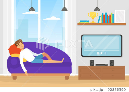 Man Character Sleeping Lying on Sofa in Front of Television Vector Illustration Man Character Sleeping Lying on Sofa in Front of Television Vector Illustration 90826590
