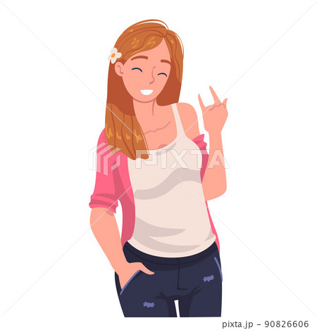 Woman Character Showing Positive Sign of Horns as Hand Gesture Vector Illustration Woman Character Showing Positive Sign of Horns as Hand Gesture Vector Illustration 90826606