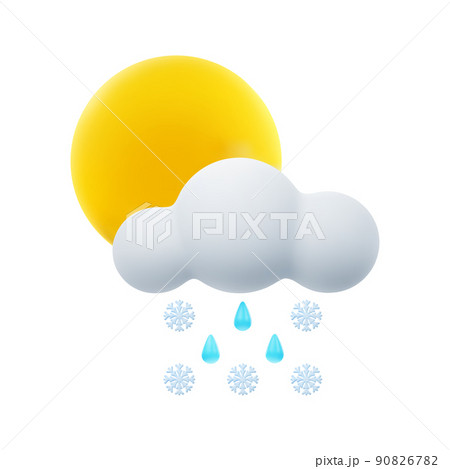 3D Cartoon Weather Icon of Cloudy with Sleet. Sign of Cloud,Sun and Rain with Snow Isolated on White Background. Vector Illustration of 3d Render. 90826782